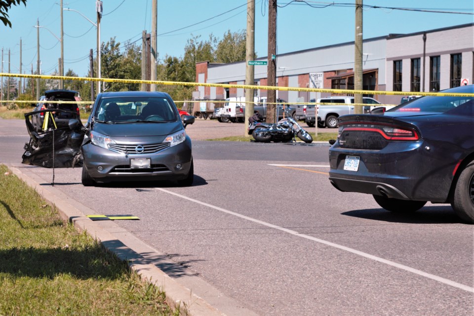Three people were injured after a serious collision involving a motorcycle and a car at the intersection of Northern Avenue and Vickers Street. (Ian Kaufman, TBnewswatch)
