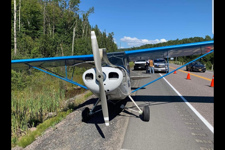 The pilot of a single-engine aircraft landed the plane safely on Highway 17 west of Marathon on Aug. 16. 2022 (photo courtesy Vicki Beckett and Earl Grigg)