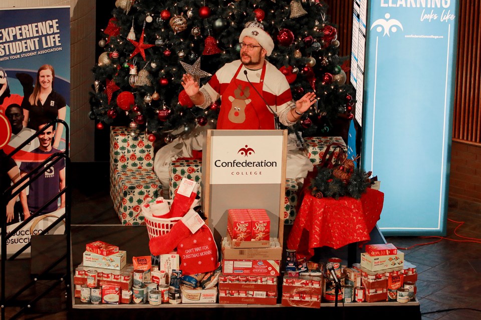 Thomas MacDonald, co-ordinator of the Stock the Bank program at Confederation College, says more than 8,800 food items were donated to the school's food bank in 2022. (Leith Dunick, tbnewswatch.com)