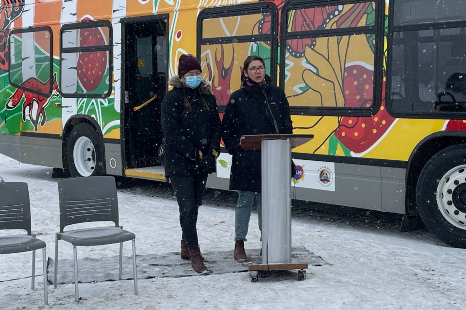 Morningstar Derosier (right) and Shelby Gagnon at the Unveiling of the Maamawe art bus