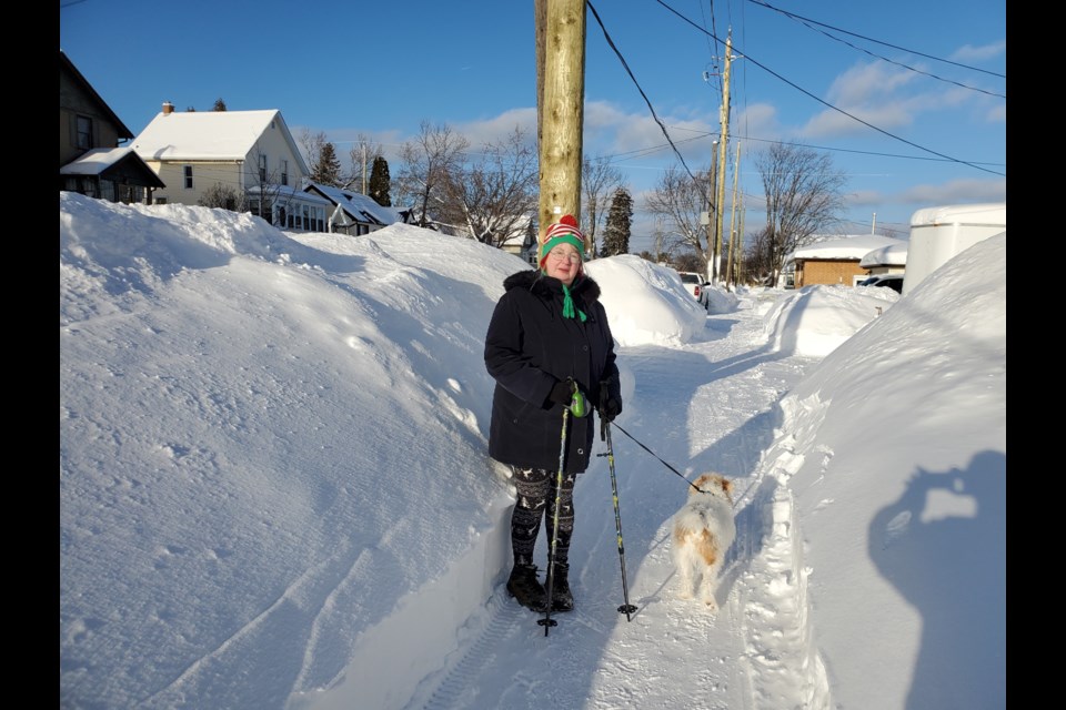 A pedestrian was dwarfed by  snowbanks on Ruttan Street in Thunder Bay on Feb. 20, 2022 (submitted photo)