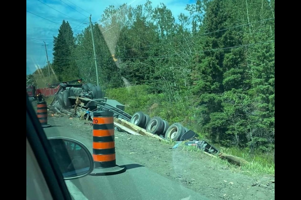 About 200 feet of guard rails were taken out when a transport truck went out of control on Hwy 102 on Aug. 15, 2022 (Skilled Truckers Canada/Facebook)