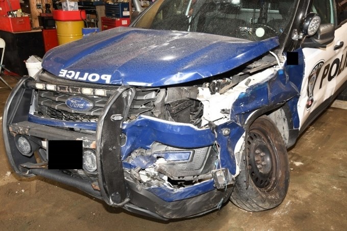 The front-end damage to the DPS Ford Explorer. (SIU Photo). 