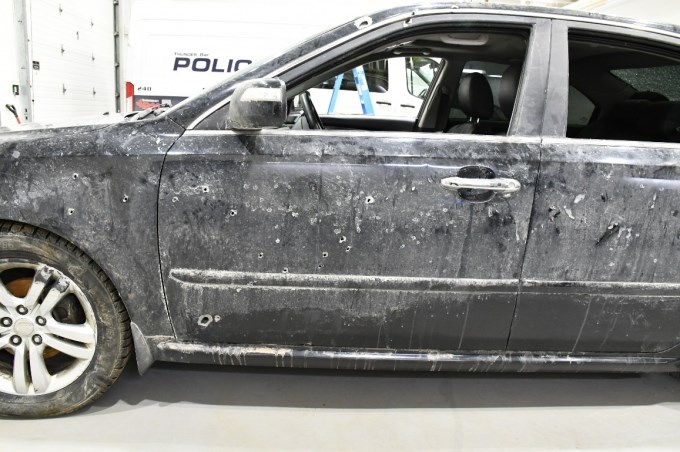 The Kia driven by the suspect bears numerous bullet holes. (Ontario SIU)