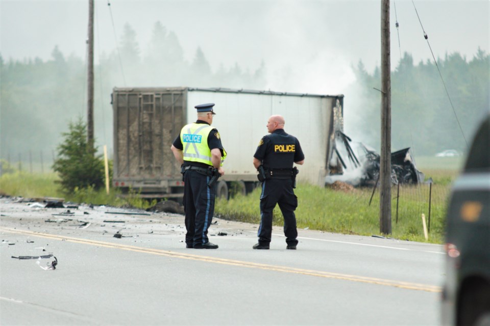The driver of a car has died following a head-on collision on Highway 17 with a tractor trailer, which also suffered heavy damage. (Ian Kaufman, TBnewswatch)