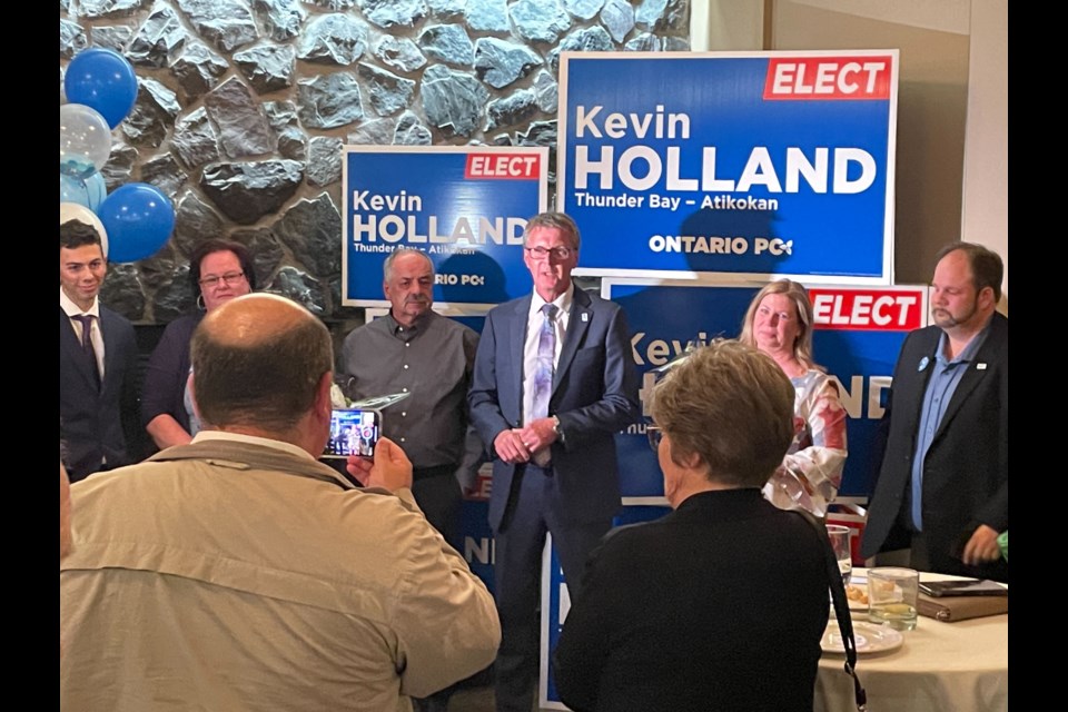 PC candidate Kevin Holland celebrates his victory in the Thunder Bay-Atikokan riding Thursday. (Justin Hardy, TBnewswatch)