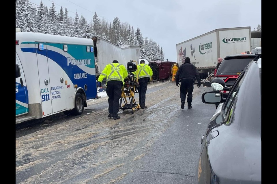 Two people were taken to hospital with serious injuries after a multi-vehicle collision on Highway 11/17, about five kilometres west of Sistonen's Corners, on March 30, 2022, police said. (Skilled Truckers Canada/Facebook)