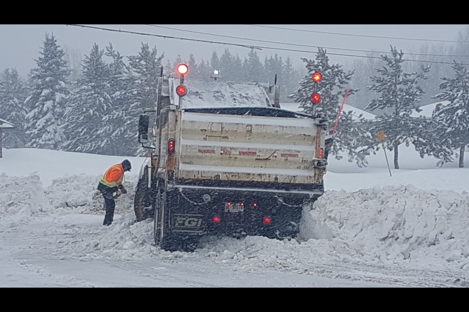 A City of Thunder Bay plow truck was stuck on Mar. 23, 2022 at 15th Side Road and Highway 61 (Jon Wilson/TBTV)