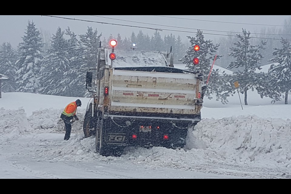 A City of Thunder Bay plow truck was stuck on Mar. 23, 2022 at 15th Side Road and Highway 61 (Jon Wilson/TBTV)
