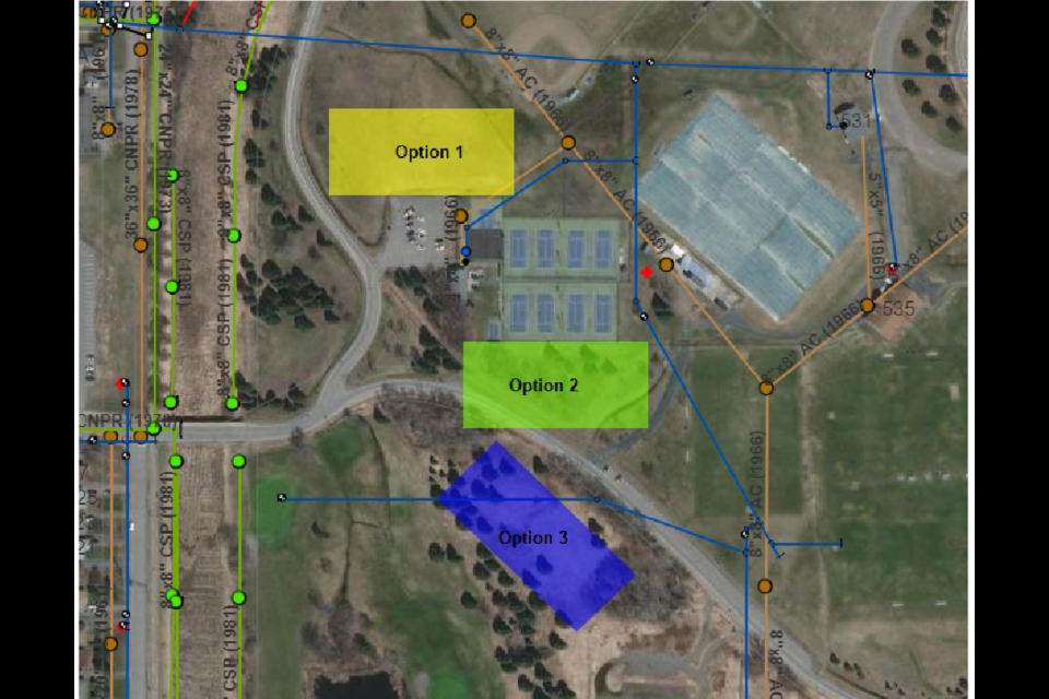 An image shows three potential locations for a proposed six-court tennis bubble. City administration recommends Option 3, while the Thunder Bay Community Tennis Centre is pushing for Option 1. (City of Thunder Bay)  