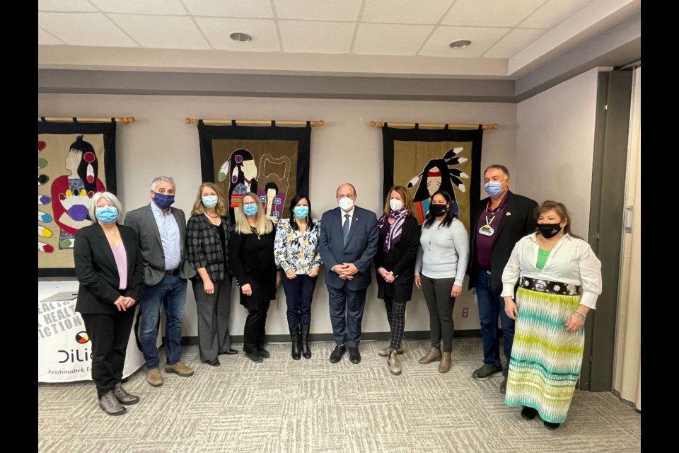 Community leaders joined Associate Minister of Mental Health and Addictions Michael Tibollo (centre) as he announced funding for additional treatment beds and withdrawal management beds for St. Joseph's Care Group and Dilico Anishinabek Family Care on Mar. 14, 2022. (Justin Hardy)