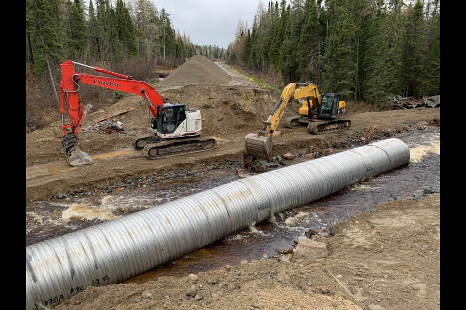 Repairs are underway on Highway 599 to Pickle Lake, where a culvert washed away on May 14, 2022 (Facebook/Gina Neekan)