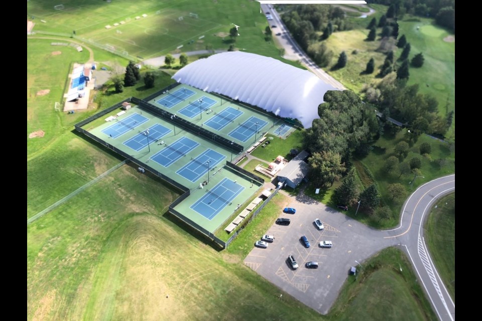 A rendering envisions a tennis bubble immediately south of existing outdoor courts at Chapples Park, in a location the city refers to as Option 2 and is now recommending. (Image courtesy the Thunder Bay Community Tennis Centre)