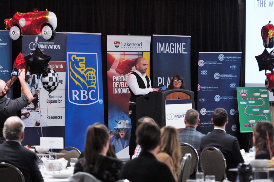 Benjamin Feagin Jr. of AgriTech North accepts an award for Innovative Project of the Year at the 2022 RBC Innovation Awards held at the Victoria Inn on Thursday. (Ian Kaufman, TBnewswatch)