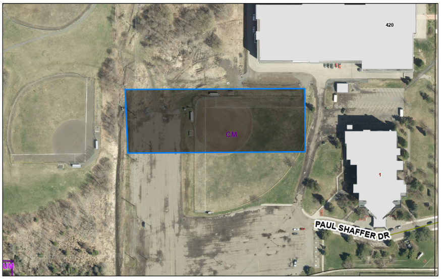 A site plan shows the proposed location of an indoor turf facility adjacent to the Community Auditorium. (Soccer Northwest Ontario)
