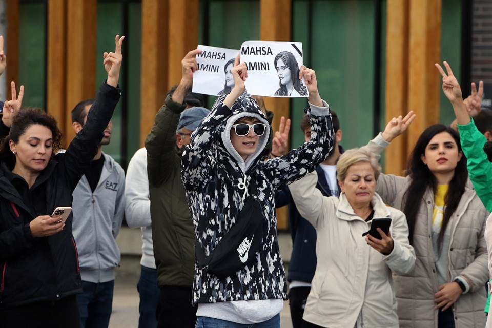 About 35 people joined a protest against Iran's treatment of women on Saturday, Oct. 1, 2022 at Prince Arthur's Landing in Thunder Bay. (Leith Dunick, tbnewswatch.com)