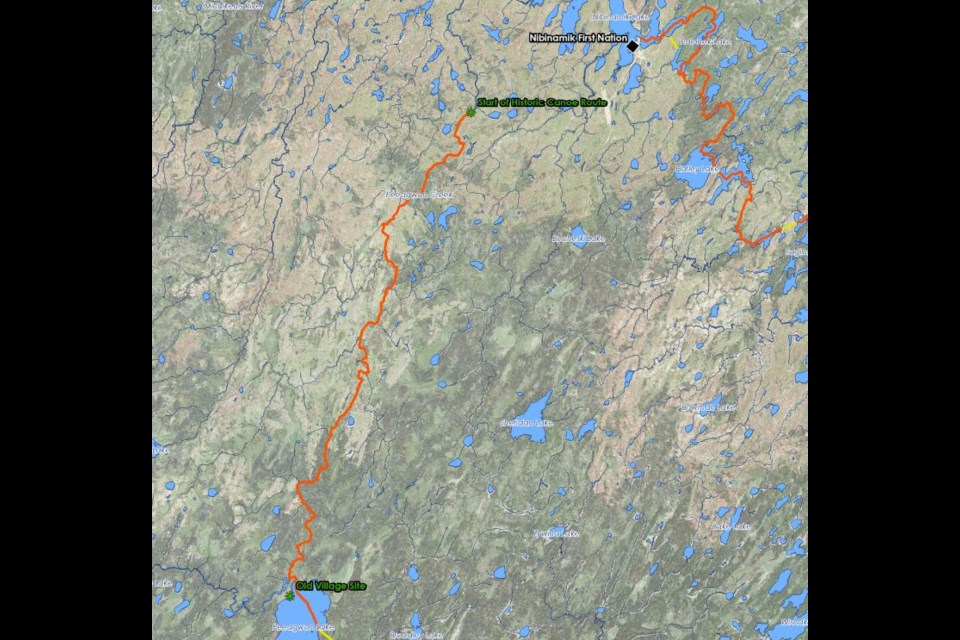 This map shows the route that was followed from just south of Nibinamik to the former settlement at PinnaeMootang or Eyes Lake (submitted image)