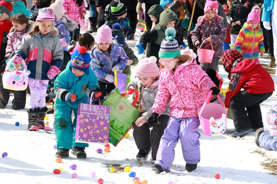 Hundreds of kids took part on Friday, April 7, 2023 at the 11th annual Hill City Kinsmen Easter Egg Hunt at the Slovak Legion. (Leith Dunick, tbnewswatch.com)