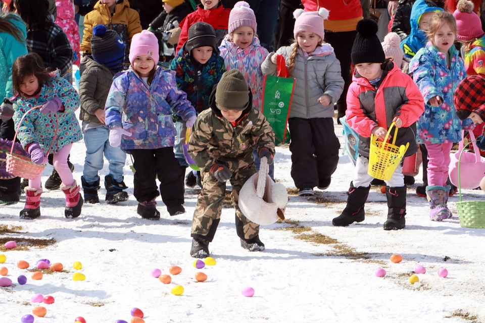 Hundreds of kids turned out on Friday, April 7, 2023 for the annual Hill City Kinsmen Easter Egg Hunt at the Slovak Legion. (Leith Dunick, tbnewswatch.com)