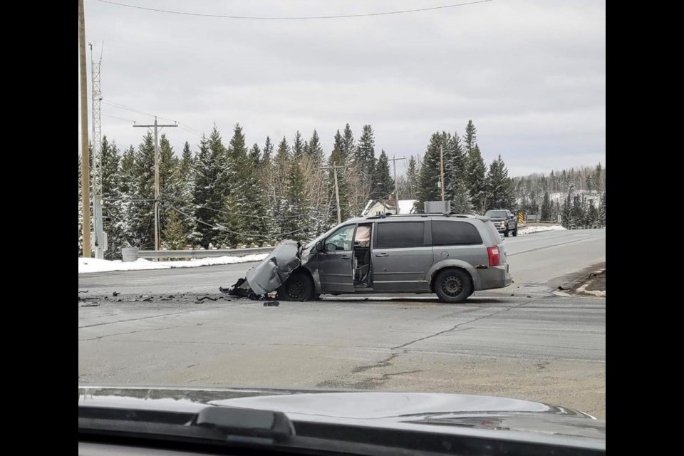 One person suffered a leg injury after a tractor-trailer collided with this van at Sistonen's Corner west of Thunder Bay on Apr. 23, 2023 (Take Back 102/Facebook)