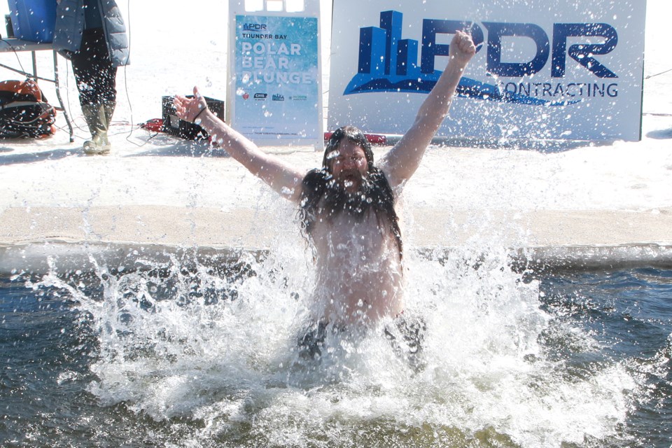 Kevin Sidlar takes the Thunder Bay Polar Bear Plunge on Saturday, April 1, 2023 at Prince Arthur's Landing. (Leith Dunick, tbnewswatch.com)