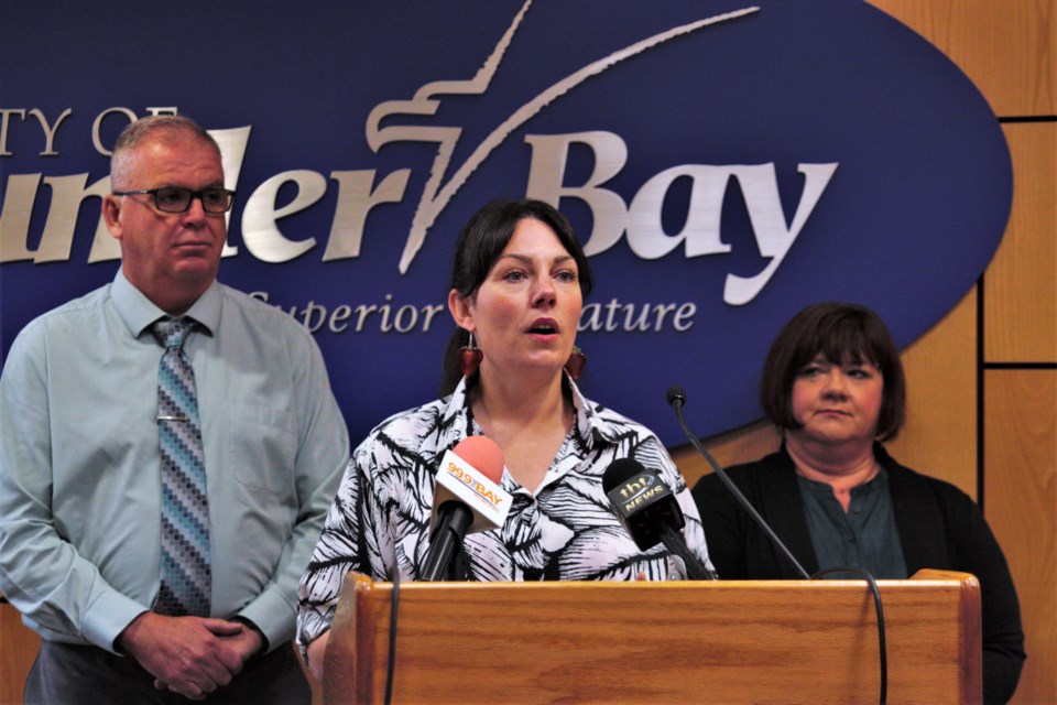 City councillors Shelby Ch'ng and Kristen Oliver, flanked by city manager Norm Gale, at left, touted progress on attracting lithium refining to Thunder Bay. (Ian Kaufman, TBnewswatch)