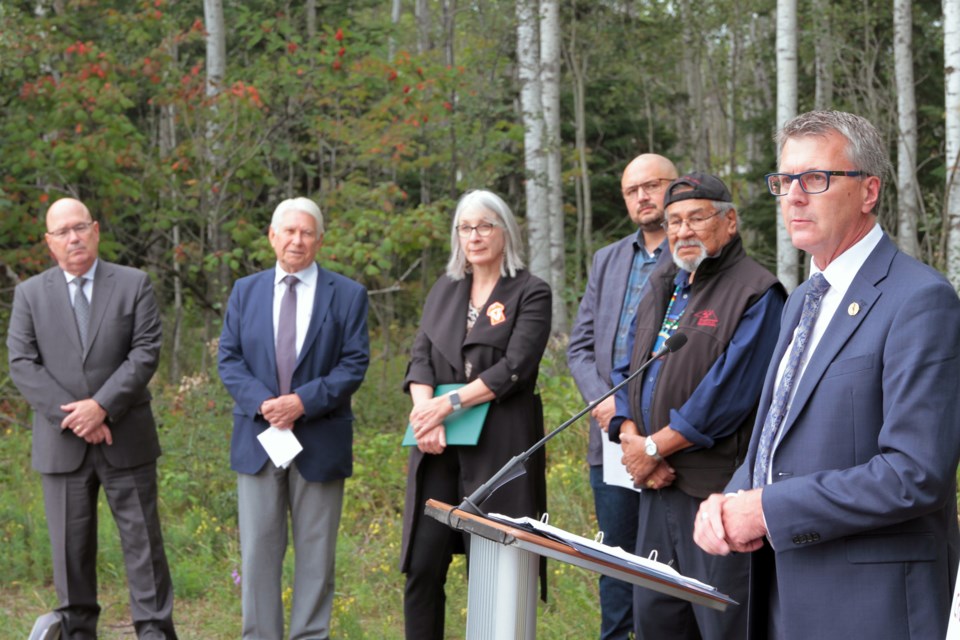 Thunder Bay-Atikokan MPP Kevin Holland, right, speaks during a news conference on Monday, August 28, 2023, announcing funding for a new affordable housing development on Huron Avenue. (Matt Vis, TBnewswatch.com)
