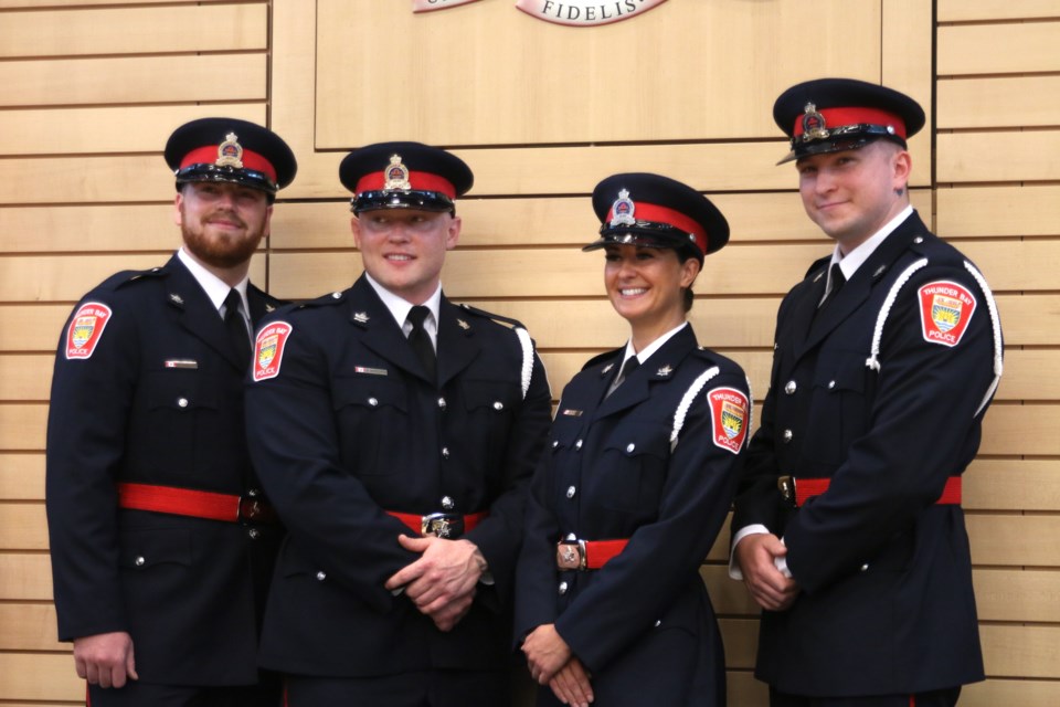 Ross Tansey, Johnathan-Dylan Samas, Stephanie Nordlund, and Michael Boyechko were sworn in as constables with the Thunder Bay Police Service on Friday. 