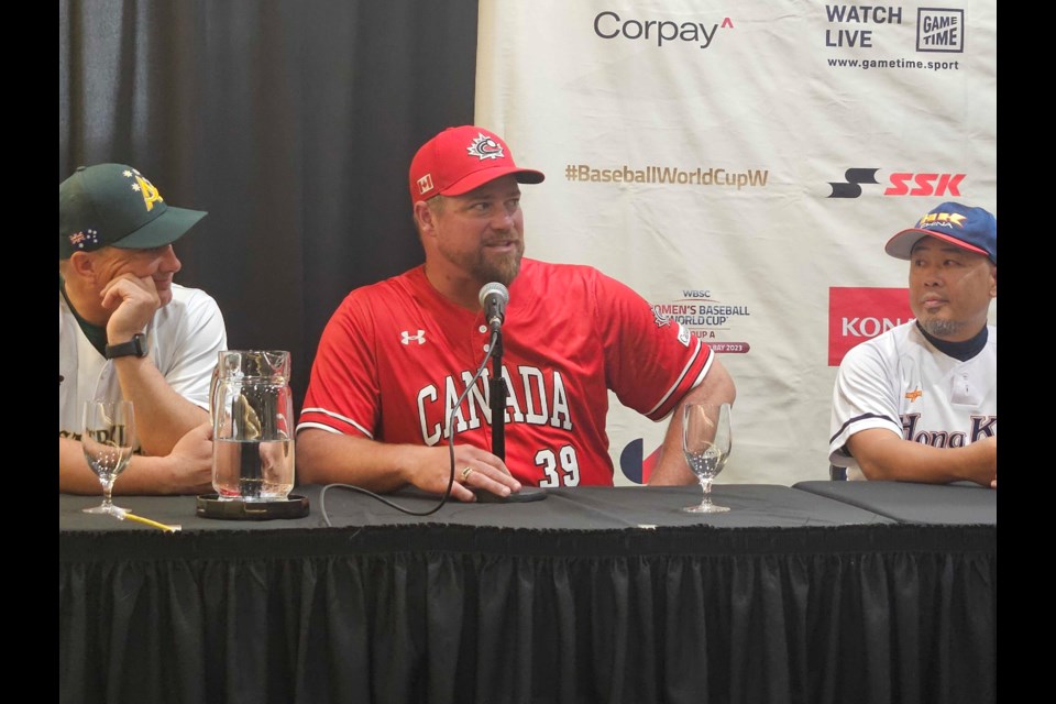 Team Canada manager, Anthony Puta speaking at a media conference for the Women’s Baseball World Cup Group A