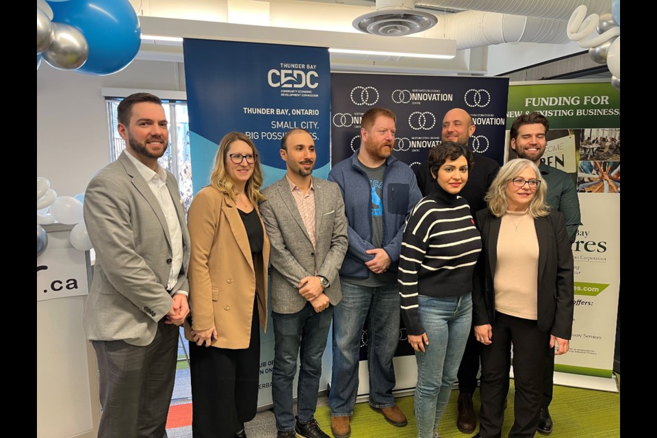 Executive director Jeff Coull, CEDC CEO Jamie Taylor and Thunder Bay Ventures GM Maria Vidotto pictured with the Costarter 2.0 graduates on Wednesday, Dec. 13, 2023