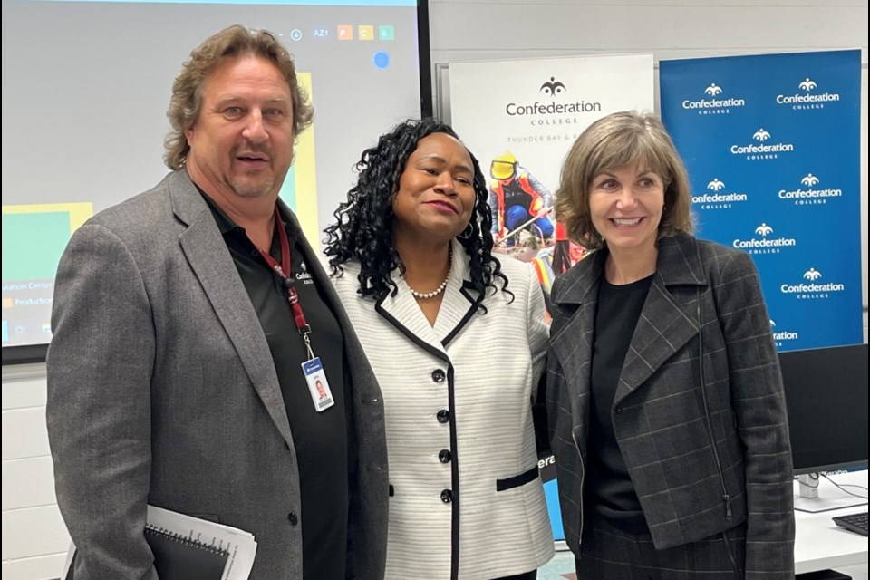 (Left to Right): Dean John Kantola, RBC's regional vice-president Maria Holland, and president Kathleen Lynch at Confederation College on Dec. 12.
