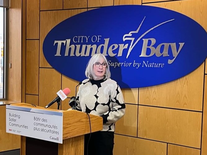 Patty Hajdu, Member of Parliament for Thunder Bay-Superior North and Minister of Indigenous Services and Minister responsible for the FedNor speaking at City Hall on Monday, December 18., 2023
