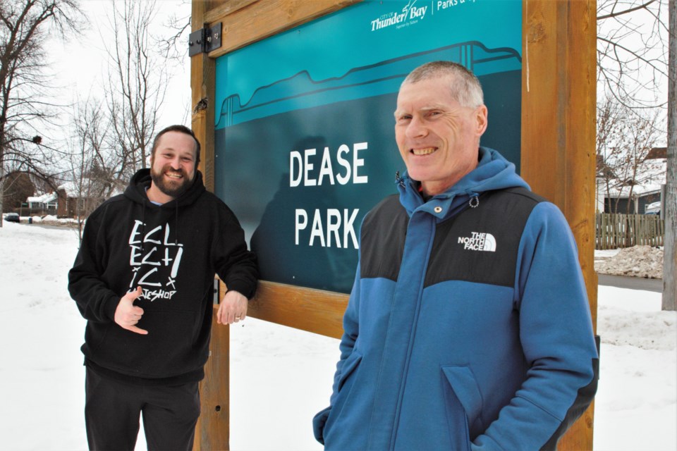John Kelly, left, of the Thunder Bay Skateboard Coalition, and Werner Schwar, city parks supervisor, are among those leading design work on a skate park planned for the former Dease Pool site. (Ian Kaufman, TBnewswatch)