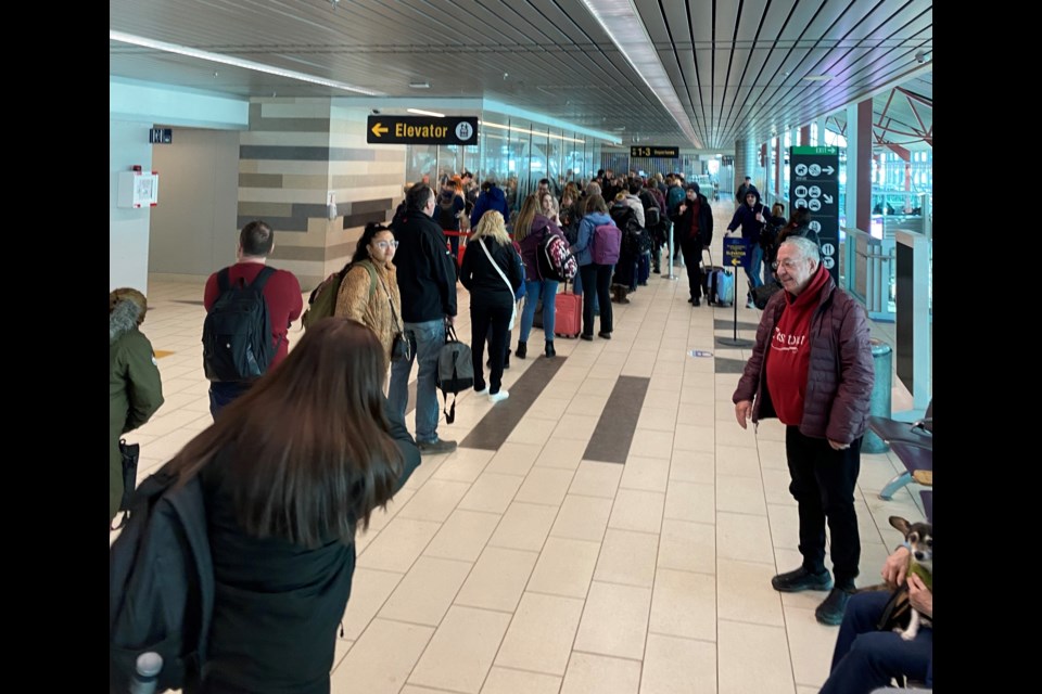 Some passengers waited in the security lineup for over an hour but were unable to board their Flair Airlines flight from Thunder Bay to Toronto on Feb. 18, 2023 (submitted photo)