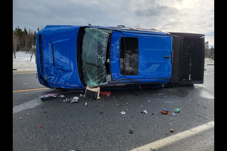 A Marathon woman suffered minor injuries after her pickup truck was hit by a transport truck on Highway 17 on Feb. 11, 2023 (Submitted photo)