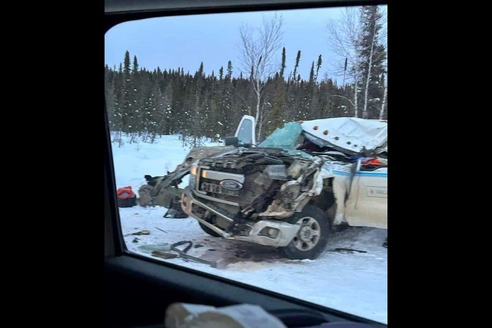 Three workers on a transmission line project were injured in a collision on Feb. 10 on the Sandy Lake Winter Road  (Facebook/Gail Anishinabie/Skilled Truckers Canada)