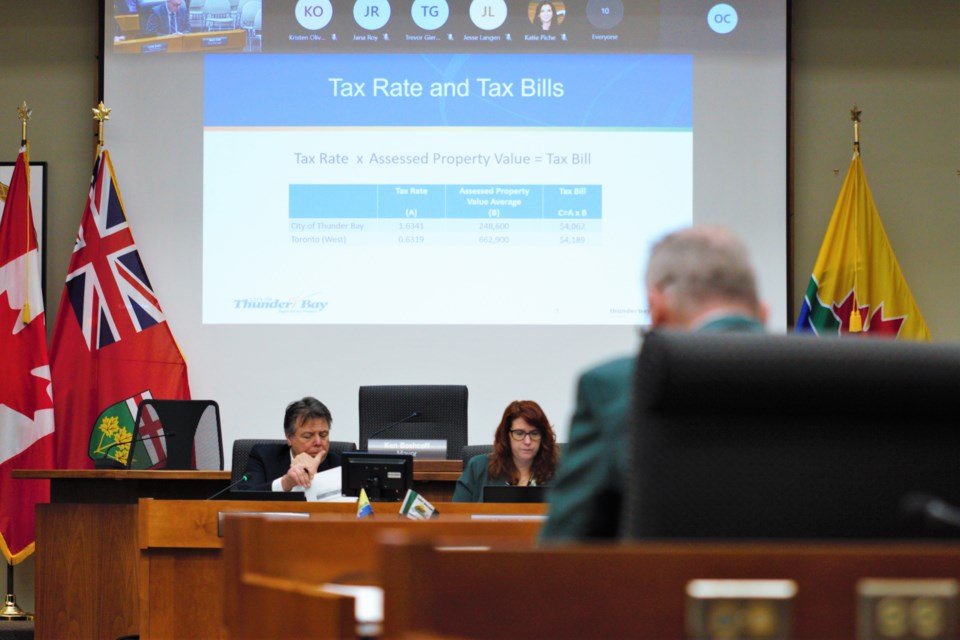 City manager Norm Gale, foreground, presents a long-term financial overview to city council on Monday, as budget chair Coun. Mark Bentz and city clerk Krista Power look on. (Photos by Ian Kaufman, TBnewswatch)