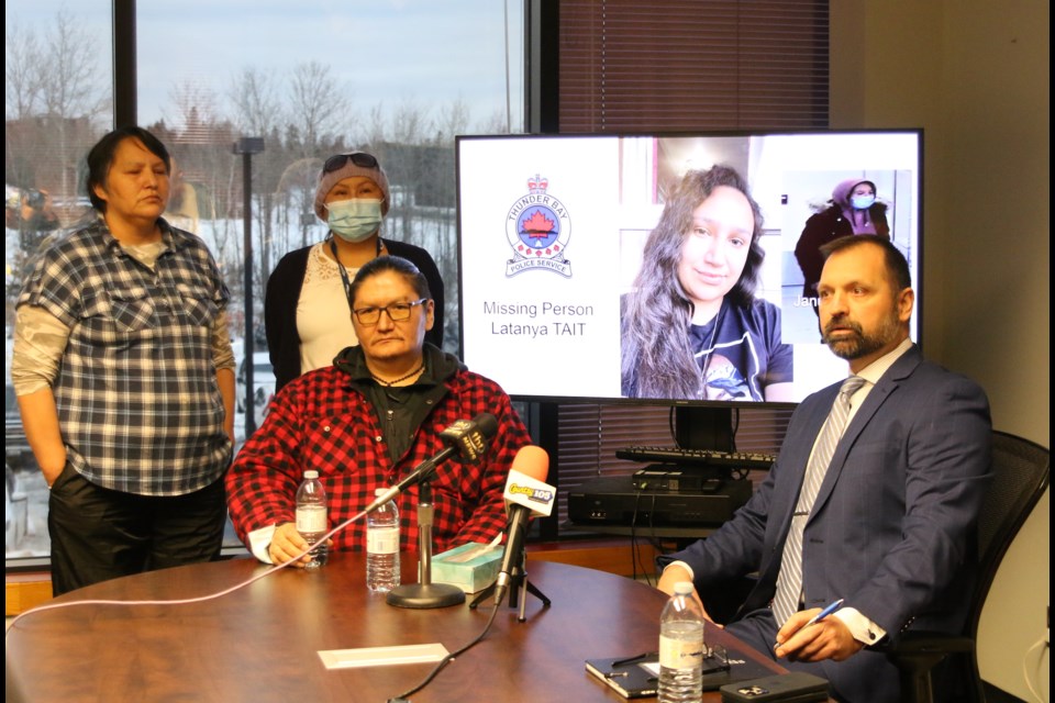Latanya Tait's family, including her father Norman Moonias, were joined by Thunder Bay Police Service Det. Sgt. Rob Gombola, who are urging the public to come forward with any information that could lead to the whereabouts of Tait, who was last seen on Jan. 1, 2023. 