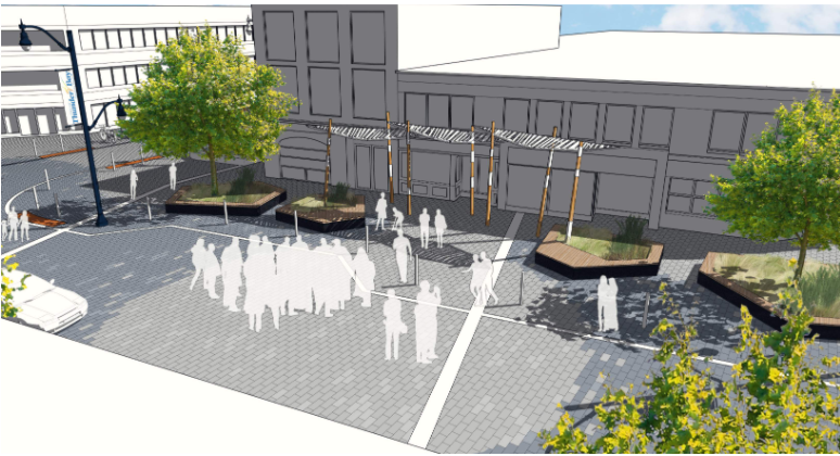 A conceptual drawing envisions a reconstructed mid-block plaza off of Red River Road. (Brook McIlroy/City of Thunder Bay)
