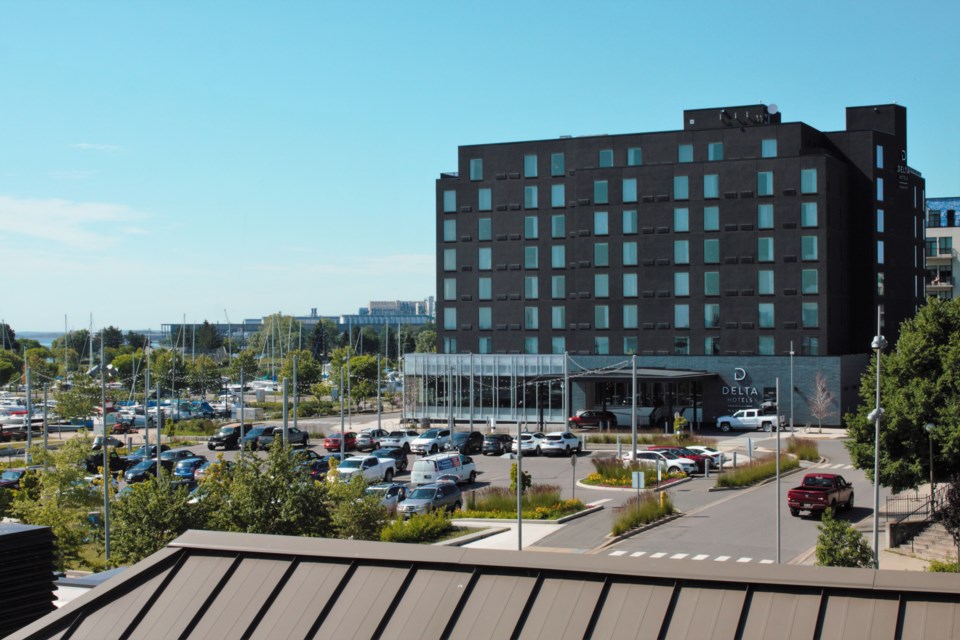 The Market Square parking lot, at bottom left, is nestled between the Delta hotel and the Marina Park splash pad/skating rink. (Ian Kaufman, TBnewswatch)