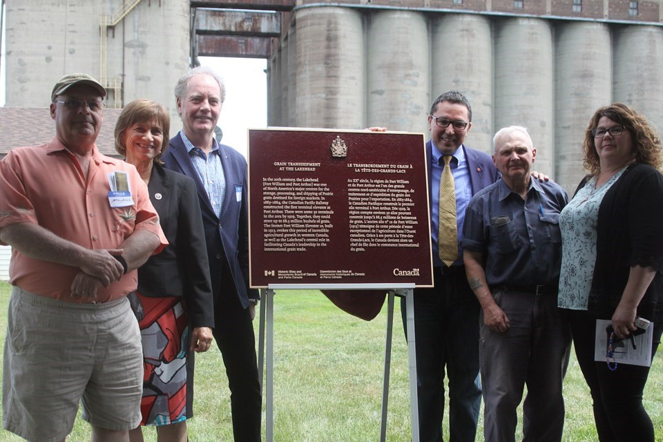 The Historic Sites and Monuments Board of Canada and Parks Canada's plaque commemorating the national historic significance of grain transshipment at the Lakehead was unveiled on June 27, 2018 near a former elevator site just east of the James St. swing bridge.(TBnewswatch file)