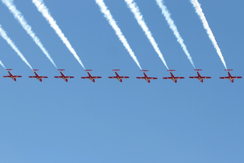 The Canadian Forces Snowbirds perform a show over Thunder Bay on Saturday, June 3, 2023. (Matt Vis, TBnewswatch.com)