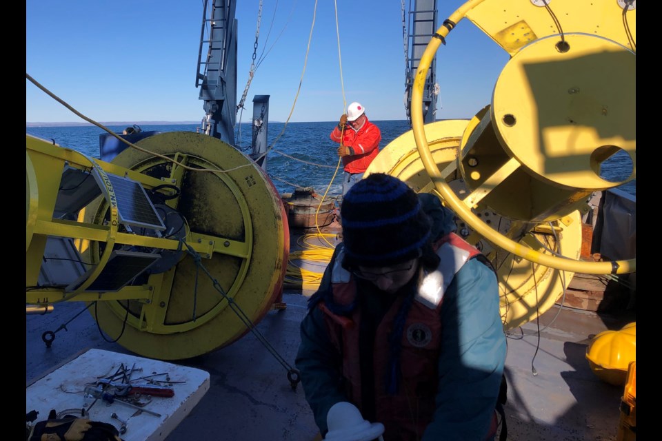 Staff from the Large Lakes Observatory at the Univ. of Minnesota Duluth were on Lake Superior in Oct. 2022 preparing equipment to place in the water to measure temperature through the winter (UMD/Jay Austin)