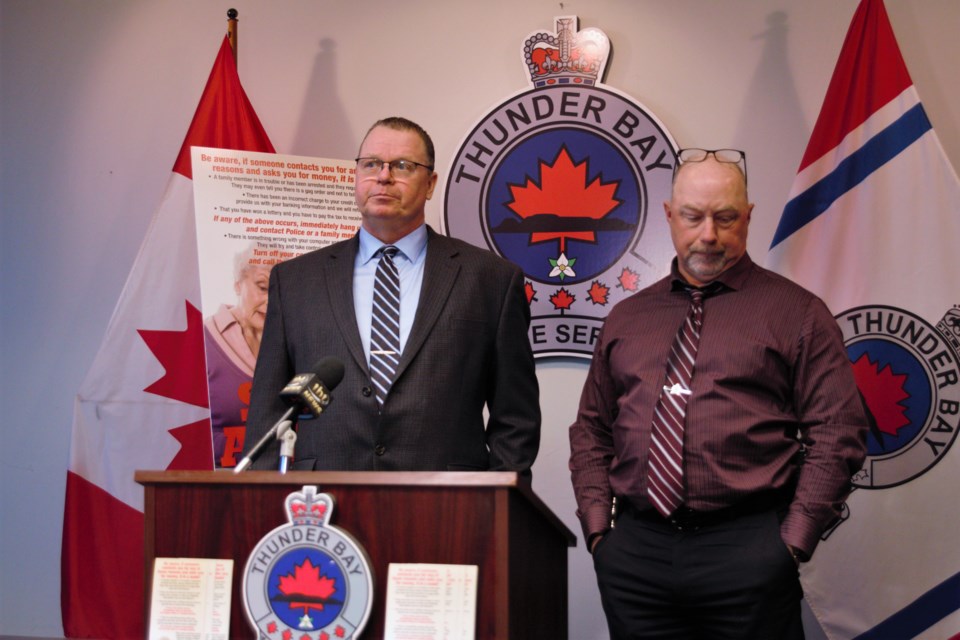 Det.-Const. Shawn Comeau and Det.-Const. David Boer of the Thunder Bay Police Service say an education campaign on scam attempts appears to be delivering results. (Ian Kaufman, TBnewswatch)