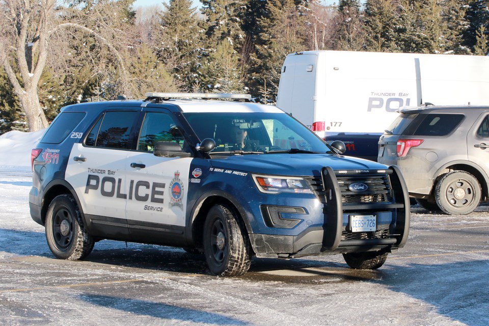 Thunder Bay Police on Thursday, March 23, 2023 block off a section of Lyon Boulevard East following a fatal vehicle collision. (Leith Dunick, tbnewswatch.com)