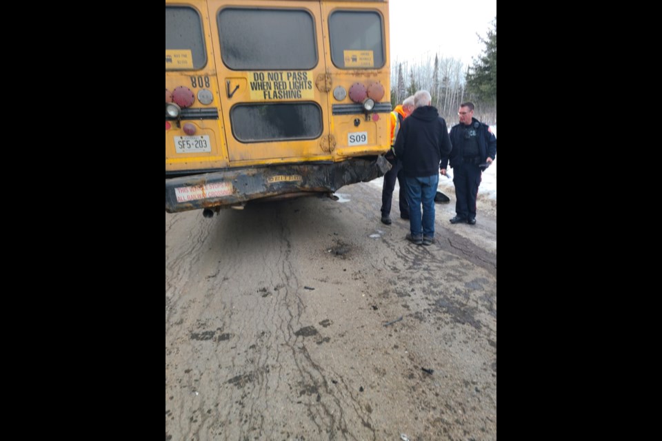 Thunder Bay police responded to a collision in which a pickup truck allegedly rear-ended a school bus just before 5 p.m. on Monday. (Thunder Bay Police Service)