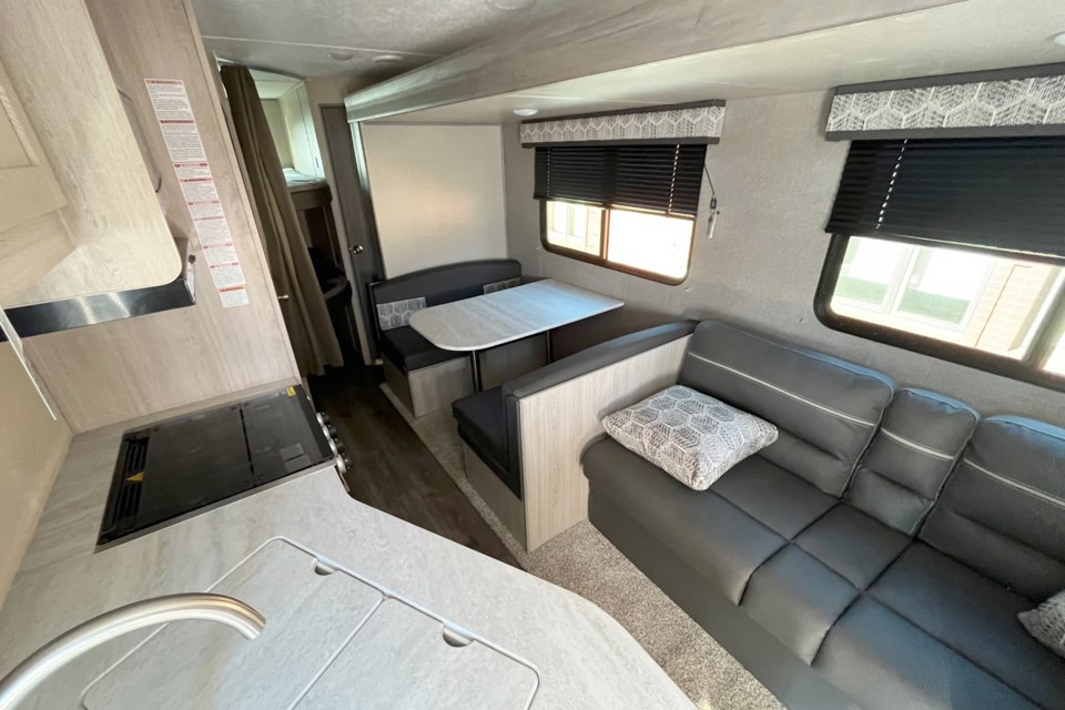 The inside of the 26-foot Coachman Catalina Summit Series 261BHS Bunkhouse travel trailer, the top prize in the 2023 Spring into Summer Draw. (Leith Dunick, tbnewswatch.com)