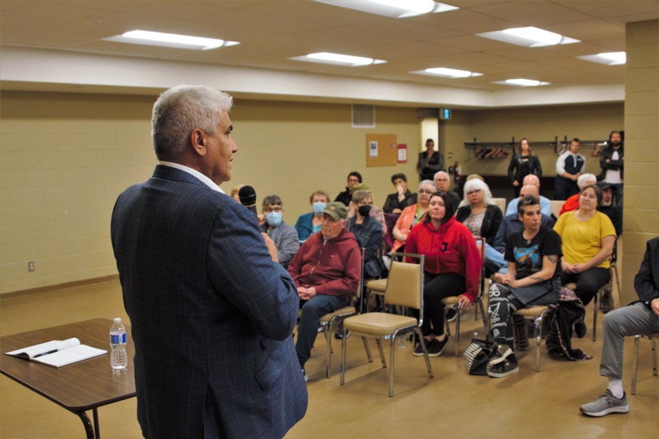 Chief Darcy Fleury of the Thunder Bay Police Service took questions from the public at the Oliver Road Community Centre on Wednesday evening. (Ian Kaufman, TBnewswatch)