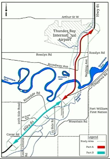 An image shows the two sections of Highway 61 being evaluated as part of the preliminary design study. (MTO)