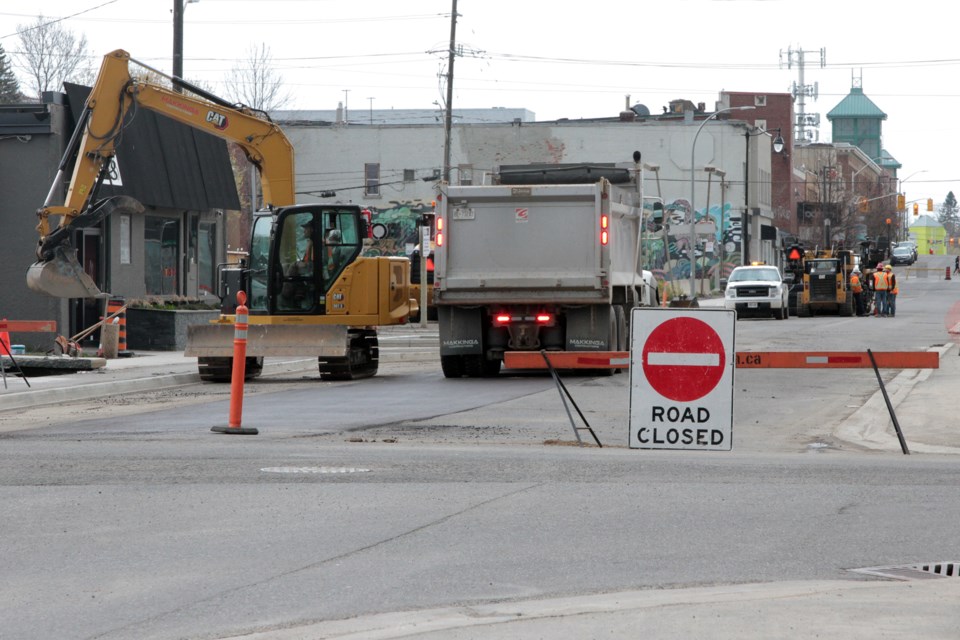 Crews conduct work on Court Street earlier this year as part of a major reconstruction of Thunder Bay's north core. (File photo)
